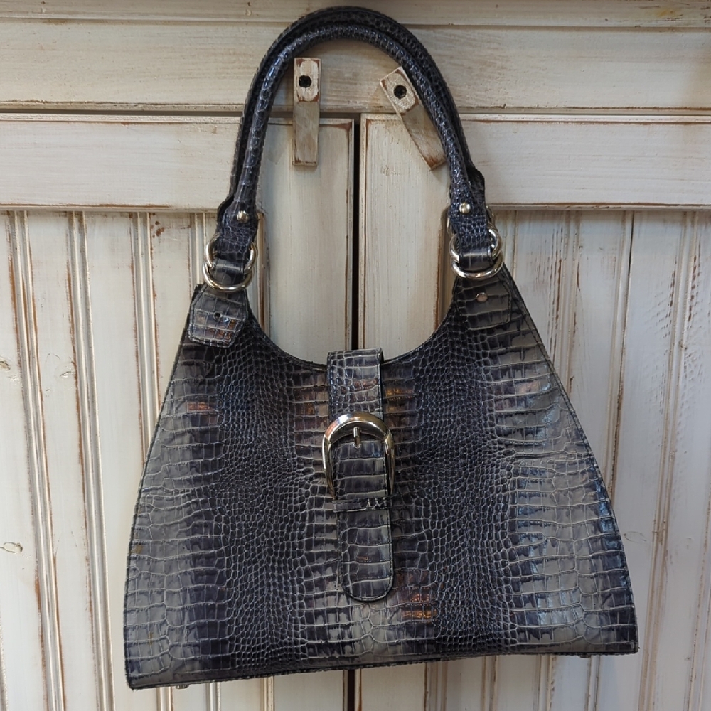 Charlie Lapson, reptile pattern shades of blue gray and black handbag